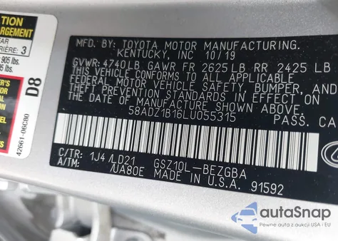 2020 Lexus Es 350 from USA, damaged, VIN 58ADZ1B16LU055315